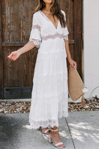 White V-Neck Tiered Graduation Dress with Half sleeves