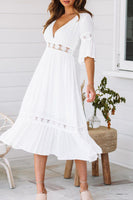 Load image into Gallery viewer, V-Neck White Ruched Graduation Dress with Half sleeves