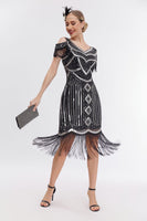 Load image into Gallery viewer, Black Golden Cold Shoulder Fringes 1920s Gatsby Dress