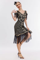 Load image into Gallery viewer, Black Golden Cold Shoulder Fringes 1920s Gatsby Dress