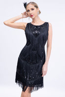 Load image into Gallery viewer, Sparkly Black Fringed Short 1920s Flapper Dress with Sequins Round Neck Sleeveless Great Gatsby Dress