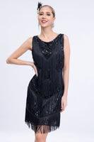 Load image into Gallery viewer, Sparkly Black Fringed 1920s Flapper Dress with Sequins