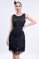 Load image into Gallery viewer, Sparkly Black Fringed 1920s Flapper Dress with Sequins