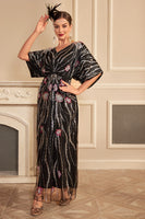 Load image into Gallery viewer, Glitter Black Batwing Sleeves Sequins Long 1920s Flapper Dress