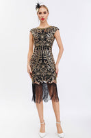 Load image into Gallery viewer, Black Sequins 1920s Gatsby Dress with Fringes