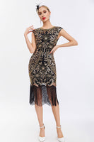 Load image into Gallery viewer, Black Sequins 1920s Gatsby Dress with Fringes