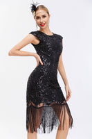 Load image into Gallery viewer, Black Sequins 1920s Gatsby Dress with Fringes