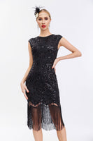 Load image into Gallery viewer, Black Sequins 1920s Gatsby Dress with Fringes