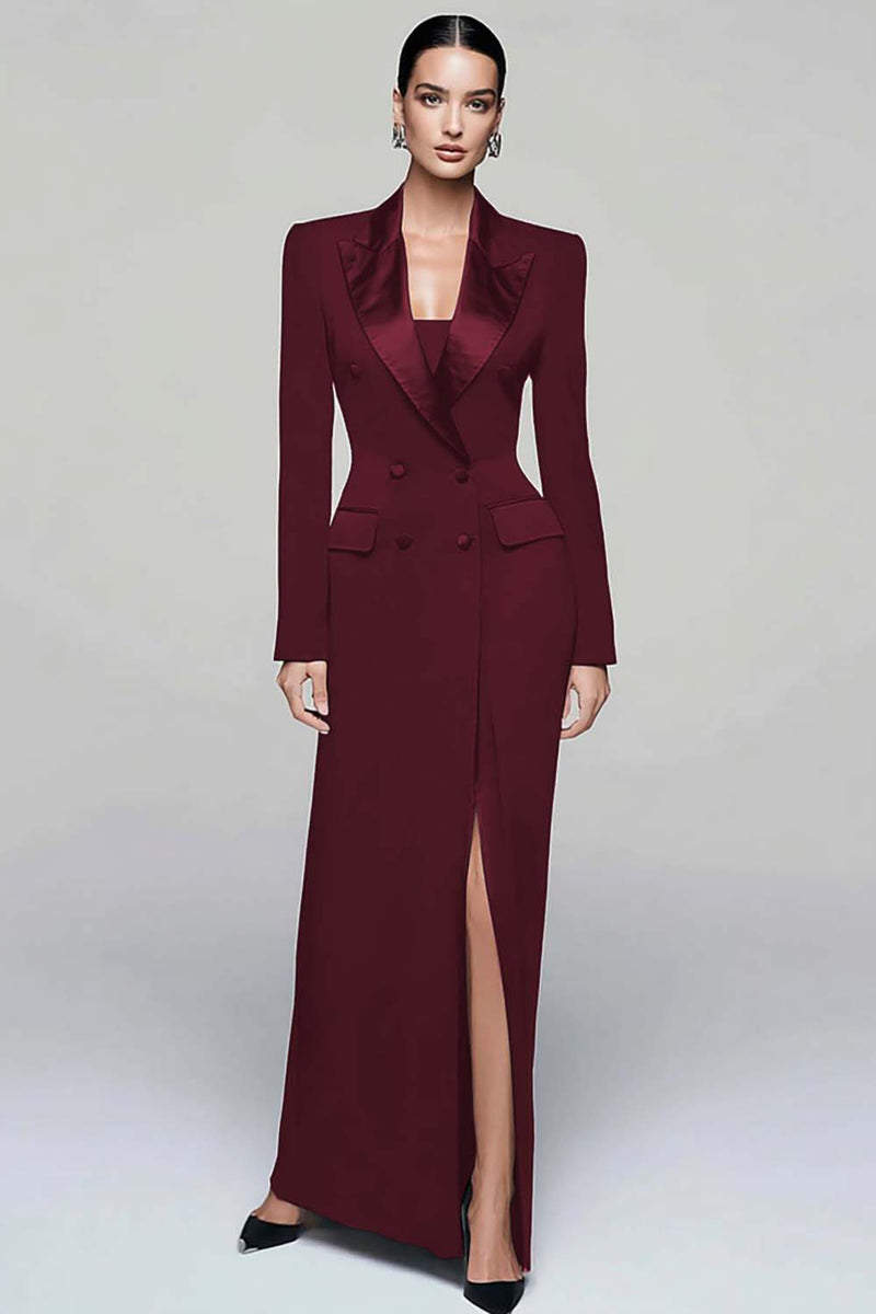 Load image into Gallery viewer, Queendancer Women Black Pencil Long Sleeves Blazer Dress with Slit Peak Lapel Double Breasted Coat Dress