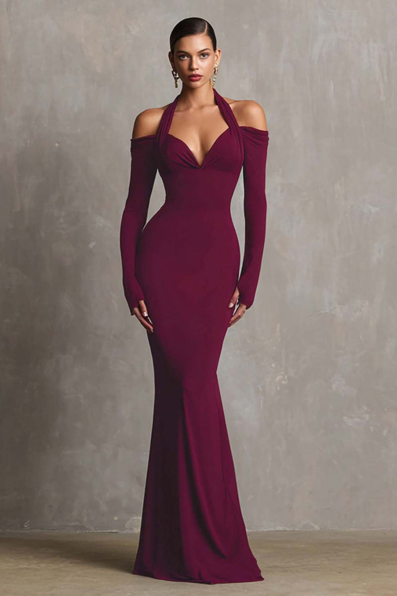 Load image into Gallery viewer, Burgundy Mermaid Halter Long Sleeves Formal Dress