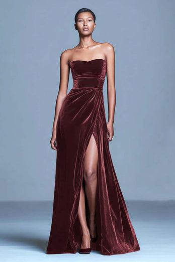 Burgundy Strapless Velvet Long Holiday Party Dress with Slit