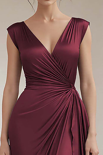 Grey Blue V-Neck Sheath V-Neck Long Satin Formal Dress with Ruffles