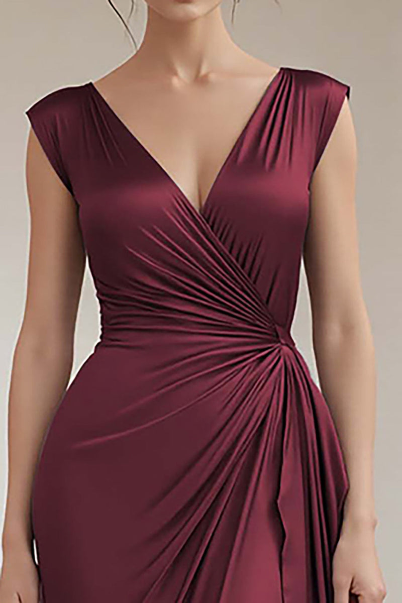 Load image into Gallery viewer, Grey Blue V-Neck Sheath V-Neck Long Satin Formal Dress with Ruffles