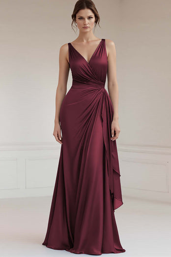Grey Blue Sheath V-Neck Ruched Long Satin Formal Dress