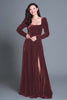 Load image into Gallery viewer, Burgundy Velvet Square Neck Long Sleeves Holiday Party Dress with Slit
