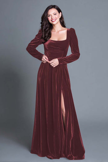 Burgundy Velvet Square Neck Long Sleeves Holiday Party Dress with Slit