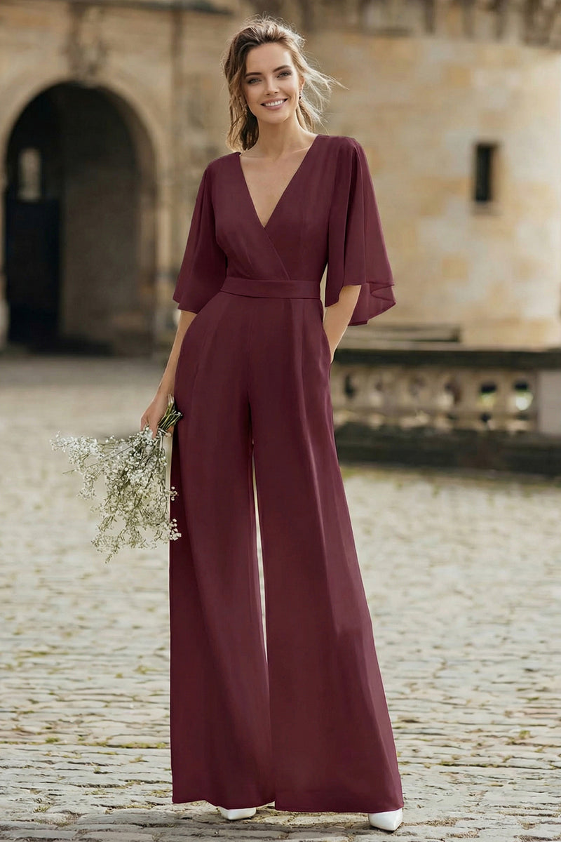 Load image into Gallery viewer, Ivory V-Neck Half Sleeves Long Wedding Jumpsuits with Pockets