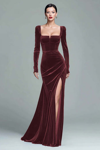 Dark Green Velvet Ruched Square Neck Long Holiday Party Dress with Slit