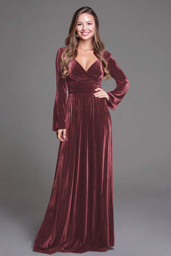 Burgundy Velvet A-Line V-Neck Long Sleeves Holiday Party Dress
