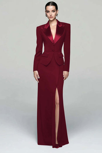 2 Piece Black Peak Lapel Pencil Long Blazer Dress with Slit