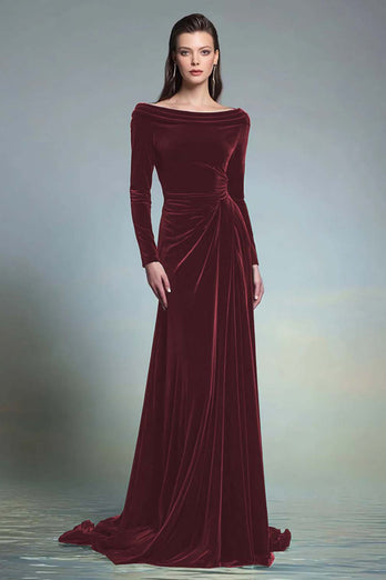 Dark Green Velvet Sheath Boat Neck Long Sleeves Formal Dress