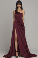 Load image into Gallery viewer, Satin Peacock A Line One Shoulder Long Formal Dress with Slit