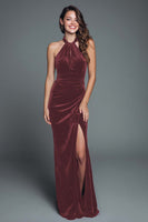 Load image into Gallery viewer, Burgundy Halter Velvet Mermaid Ruched Long Holiday Party Dress with Slit