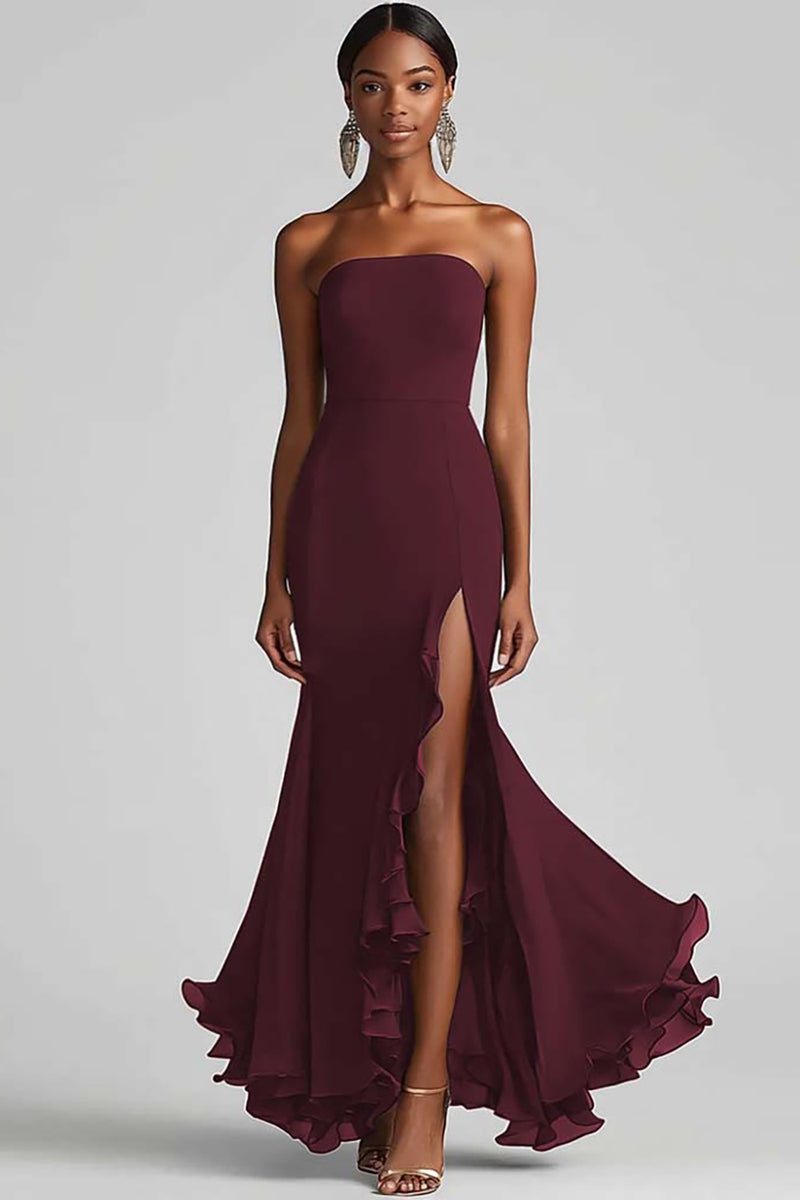 Load image into Gallery viewer, Strapless Sheath Chiffon Long Black Tie Dress with Slit