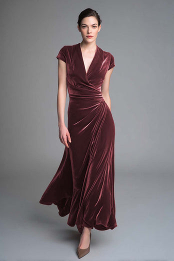 Caramel Velvet V Neck Ruched Long Holiday Party Dress with Sleeves