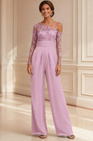Load image into Gallery viewer, Sparkly Navy Beaded Asymmetrical Neck Long Mother of the Bride Jumpsuits with Lace