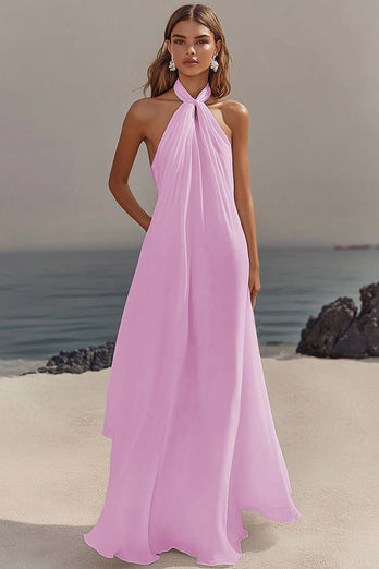 White Halter Chiffon A Line Pleated Long Rehearsal Dinner Dress