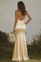 Load image into Gallery viewer, Light Yellow Halter Satin Sheath Long Formal Dress