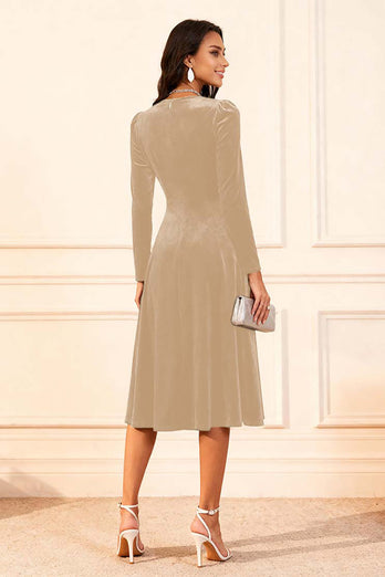 Glitter Dark Green Velvet A Line Midi Holiday Party Dress with Sleeves
