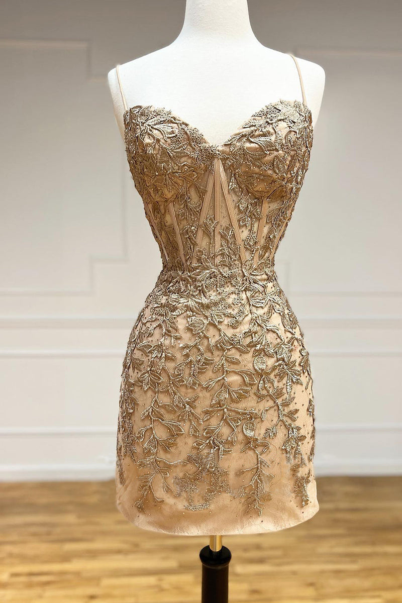 Load image into Gallery viewer, Pink Spaghetti Straps Bodycon Homecoming Dress with Appliques