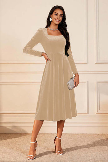 Glitter Dark Green Velvet A Line Midi Holiday Party Dress with Sleeves