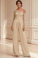Load image into Gallery viewer, Sparkly Navy Beaded Asymmetrical Neck Long Mother of the Bride Jumpsuits with Lace
