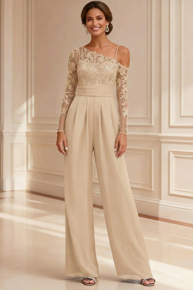 Load image into Gallery viewer, Sparkly Navy Beaded Asymmetrical Neck Long Mother of the Bride Jumpsuits with Lace