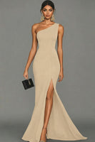 Load image into Gallery viewer, Dark Green Satin One Shoulder Mermaid Long Formal Dress with Slit