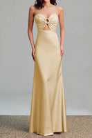 Load image into Gallery viewer, Pink Satin Sheath Ruched Strapless Long Formal Dress with Keyhole
