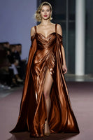 Load image into Gallery viewer, Golden Metallic A Line Cold Shoulder Long Gala Dress with Slit