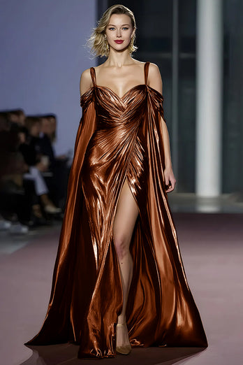 Golden Metallic A Line Cold Shoulder Long Gala Dress with Slit