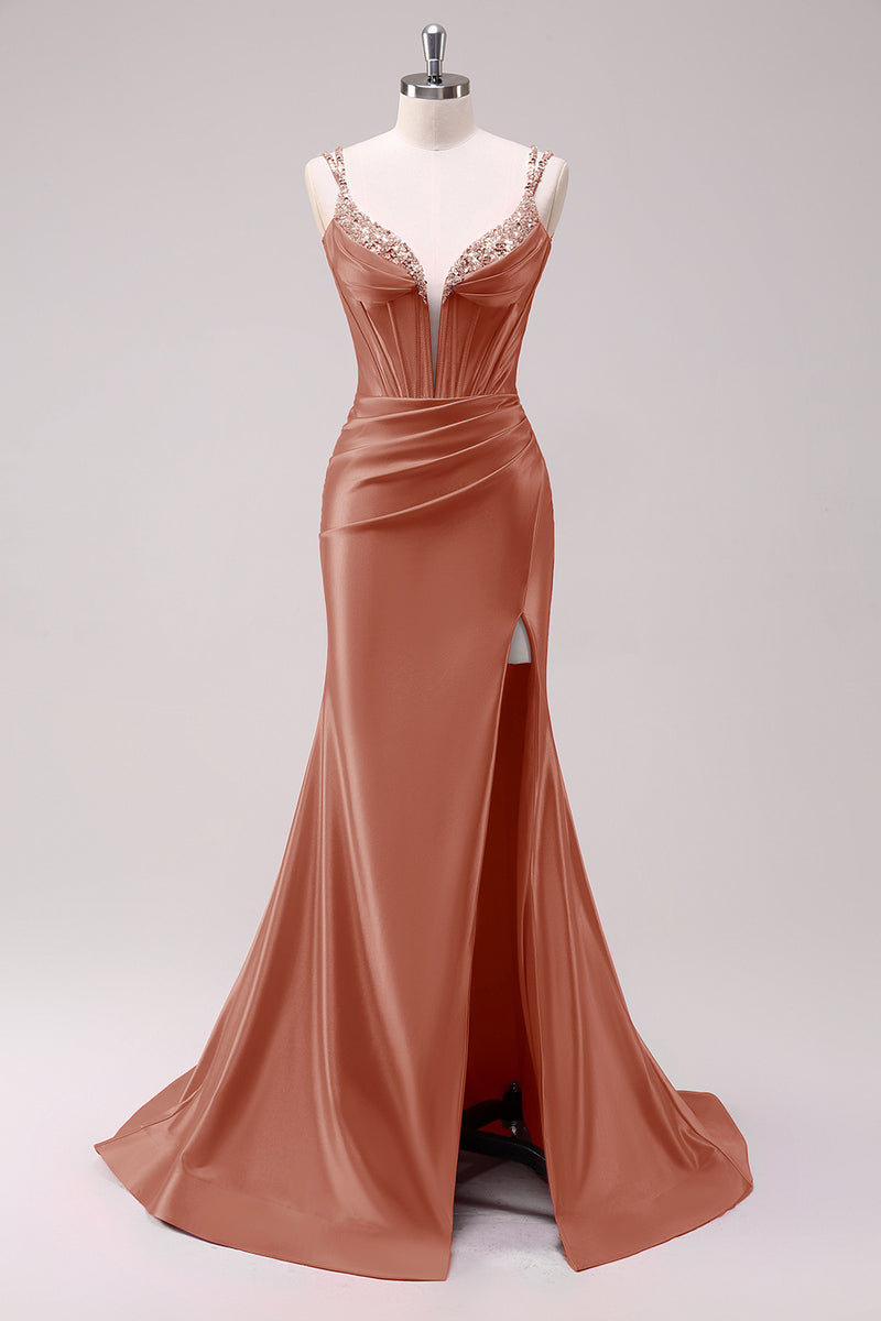 Load image into Gallery viewer, Sparkly Black Corset Spaghetti Straps Prom Dress with Slit