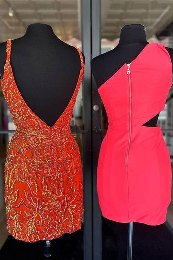Coral One Shoulder Bodycon Cut Out Tight Homecoming Dress