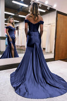 Load image into Gallery viewer, Royal Blue Mermaid Off The Shoulder Court Train Long Prom Dress With Split