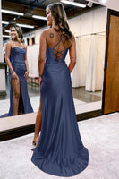 Load image into Gallery viewer, Golden Spaghetti Straps Satin Mermaid Prom Dress with Slit