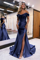 Load image into Gallery viewer, Royal Blue Mermaid Off The Shoulder Court Train Long Prom Dress With Split