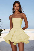 Load image into Gallery viewer, Sky Blue Chiffon Ruched Strapless Short Cocktail Dress with Ruffles