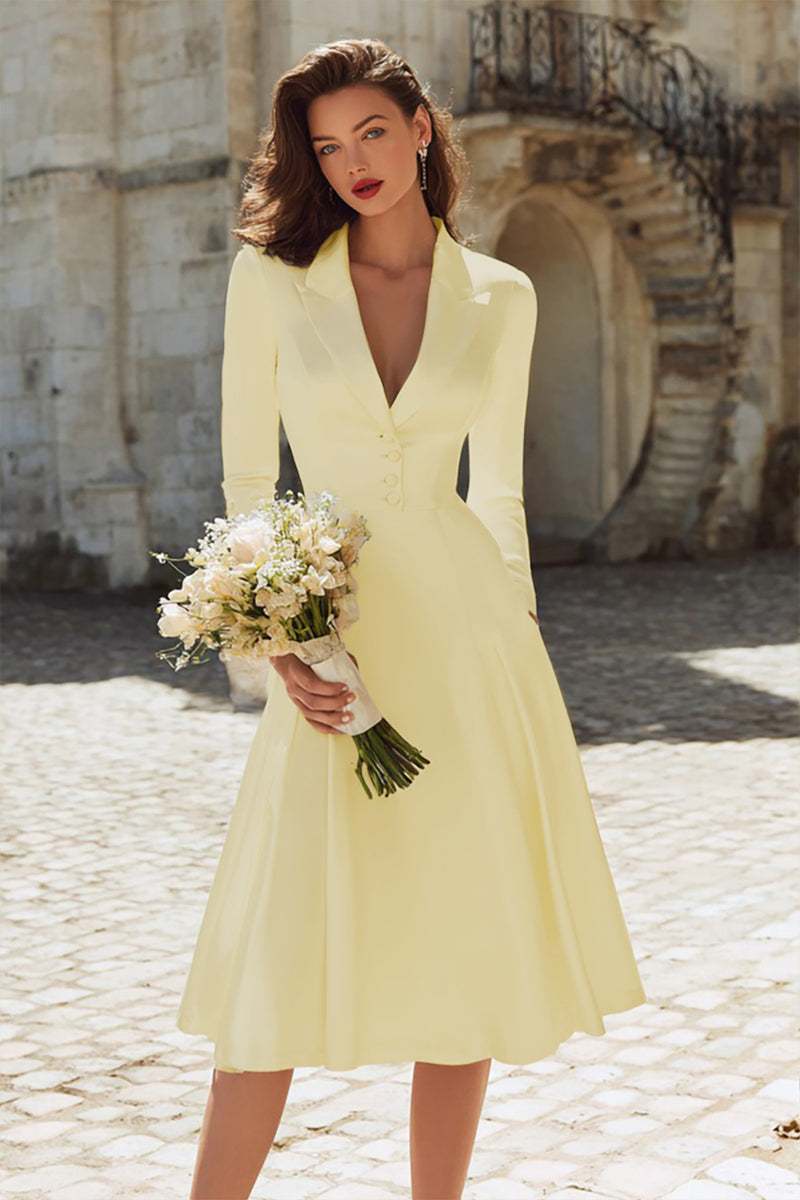 Queendancer Ivory Satin Midi Engagement Blazer Dress with Sleeves Peak Lapel A Line Bridal Dress with Buttons – queendancer