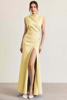 Load image into Gallery viewer, Queendancer Women Sky Blue Ruched Long Formal Dress with Slit Sheath Sleeveless Prom Dress