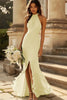 Load image into Gallery viewer, Dusty Sage Sheath Chiffon Pleated Halter Long Bridesmaid Dress